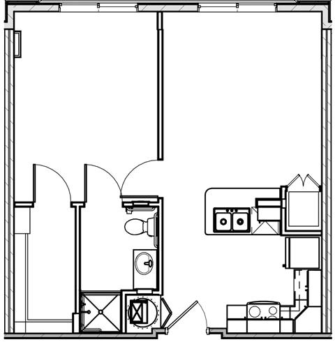 Floor plan for 1 bed, 1 bath, 608 sqft